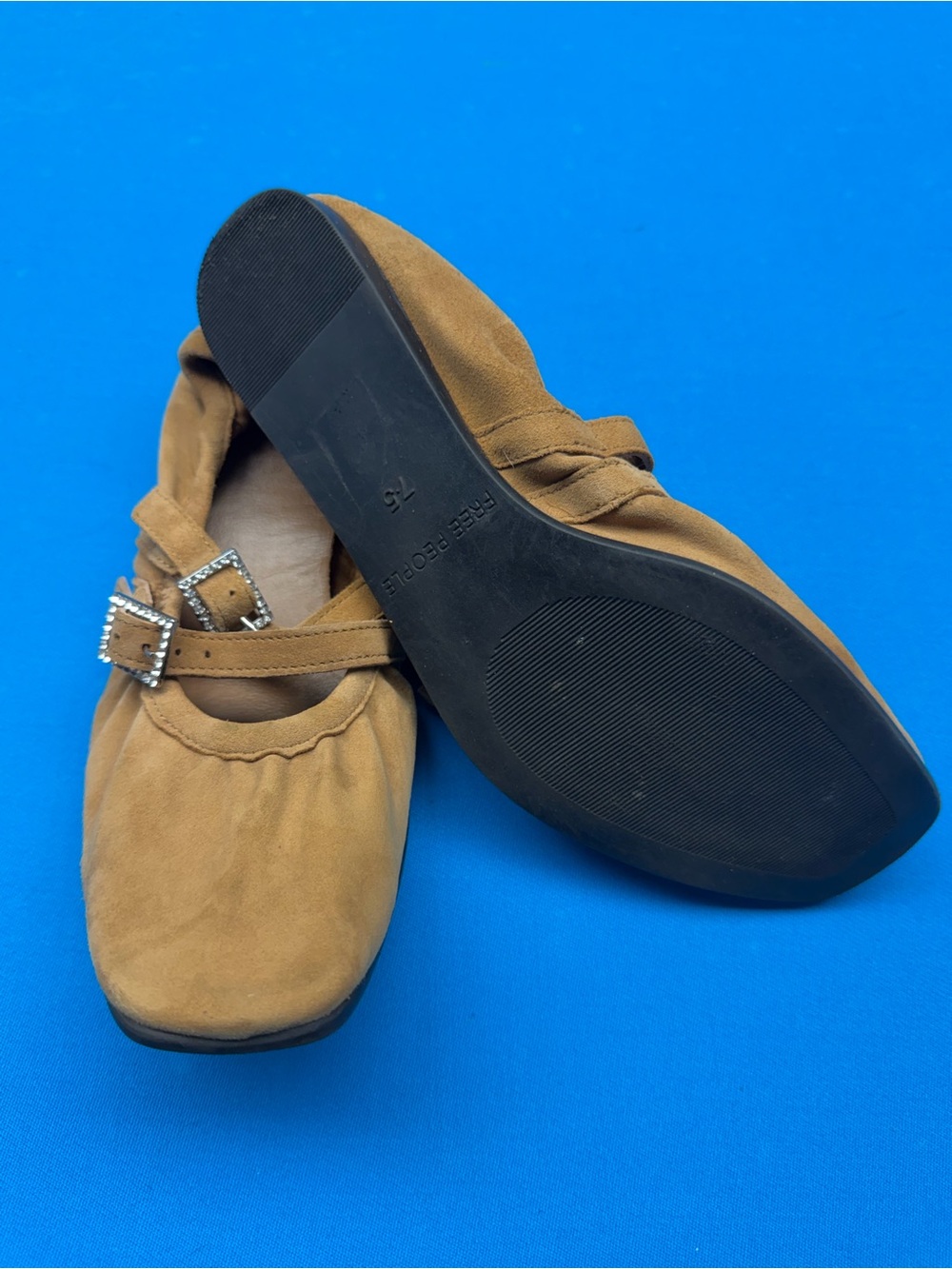 Free People Tan Suede Mary Jane Flats with Rhinestone Buckles